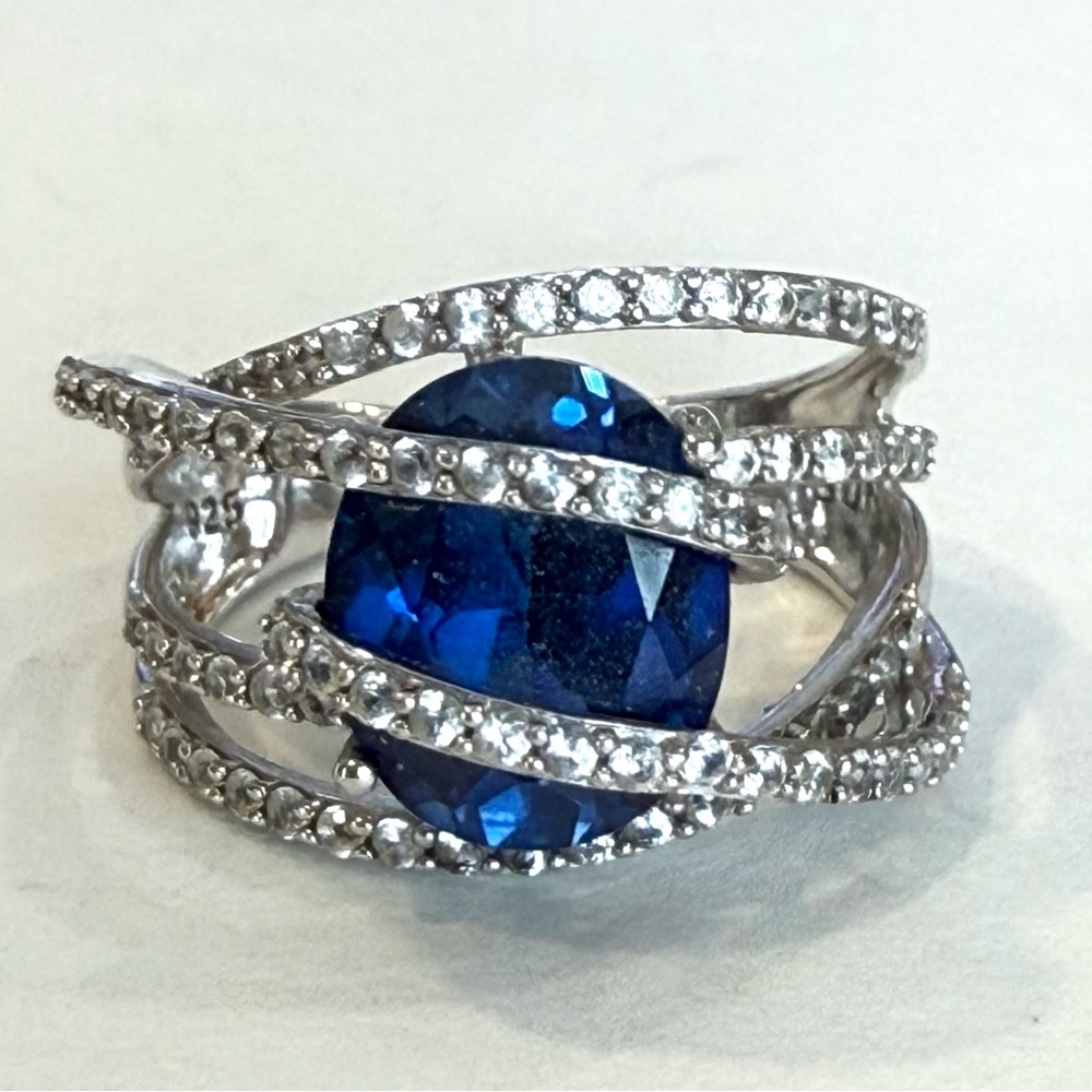 SUN Blue & White Lab-Created Sapphire Sterling Silver Cocktail Ring Size 6.75